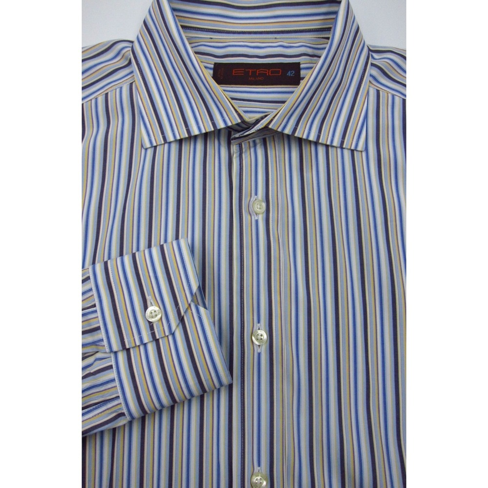 GORGEOUS $395 Etro Milano Blue White Yellow Stripe Dress Shirt Italy 16.5x36